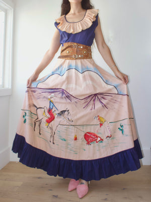 1950s Ruffle Trim Hand Painted Cowboy Scene Sequin Dress