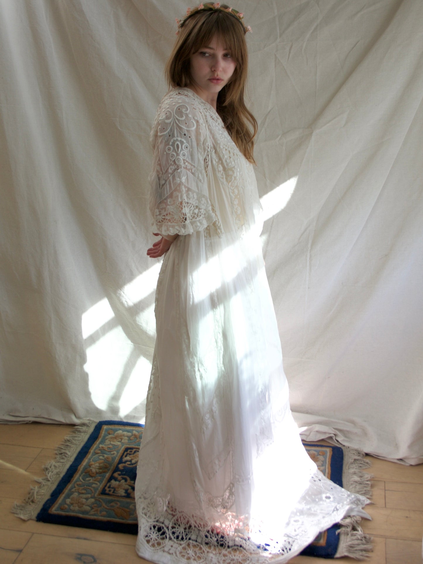 Special Antique Edwardian Whitework Batiste Cotton Crochet Lace Troussea Gown