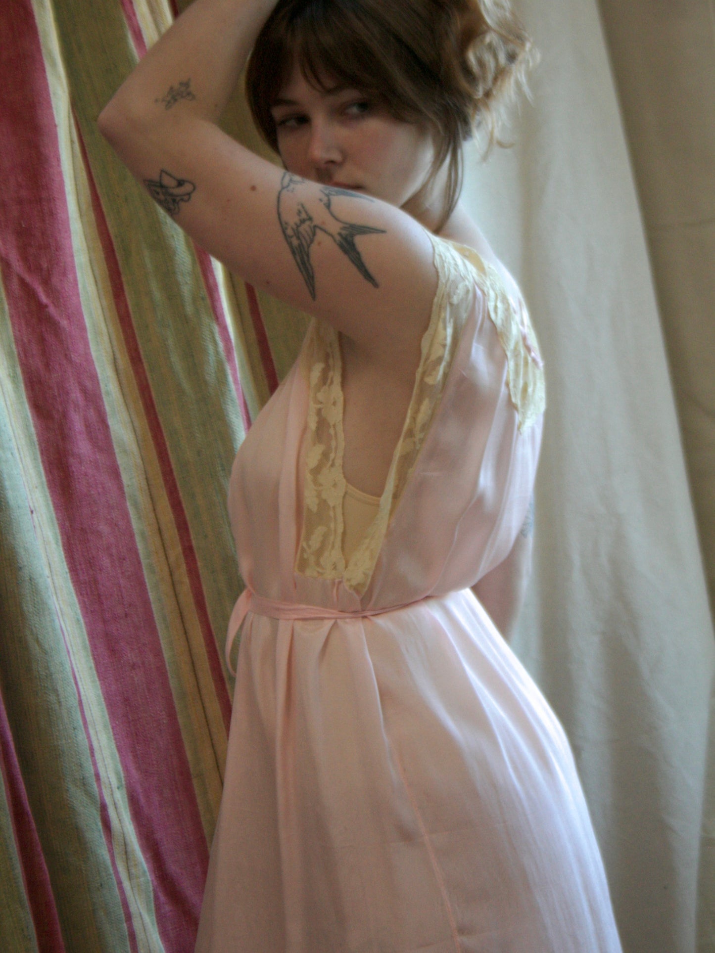 Antique 1920s Pale Pink Pin-tuck Silk Ecru Lace Slip Dress