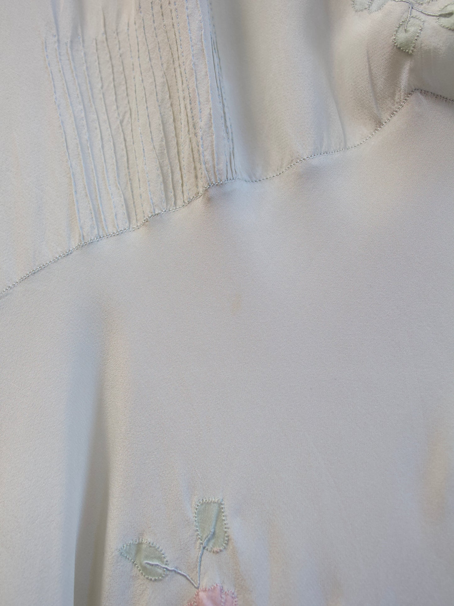 1930s Pale Seafoam Silk Floral Appliqué Slip Dress