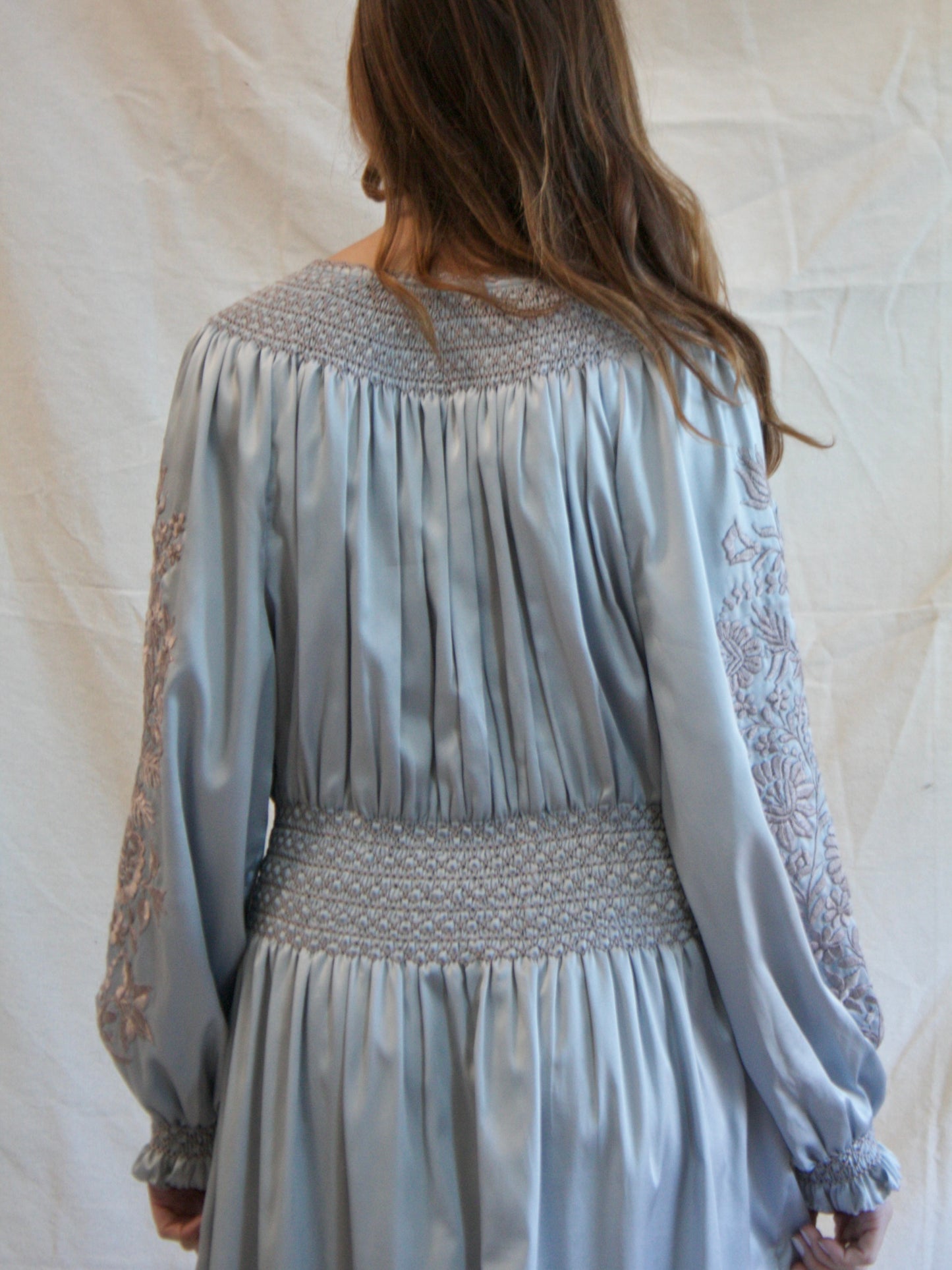 Vintage Icey Blue Silk Satin Hungarian Embroidered Peasant Dress