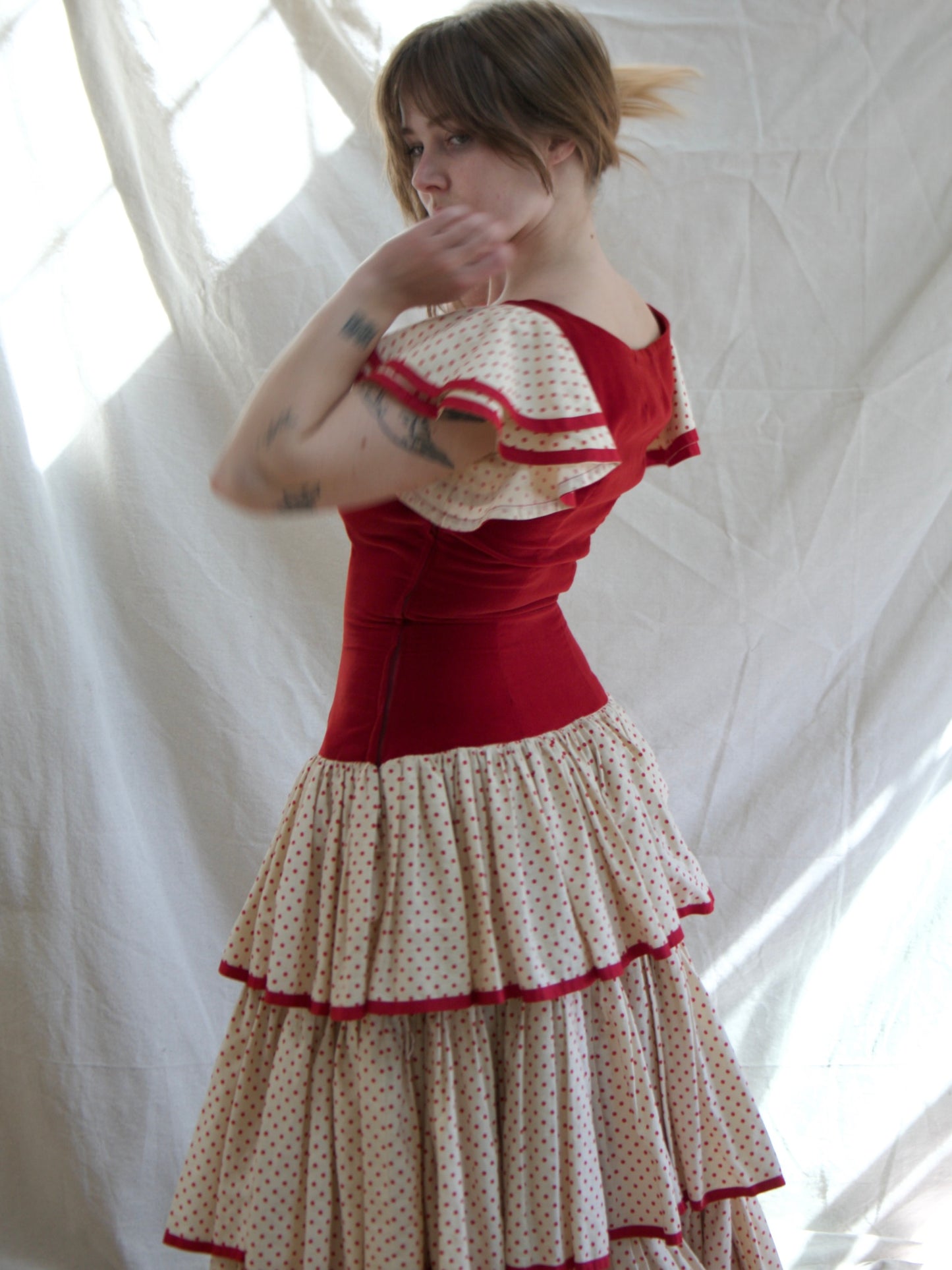 1930s Flamenco Velveteen Polka Dot Ruffle Dress