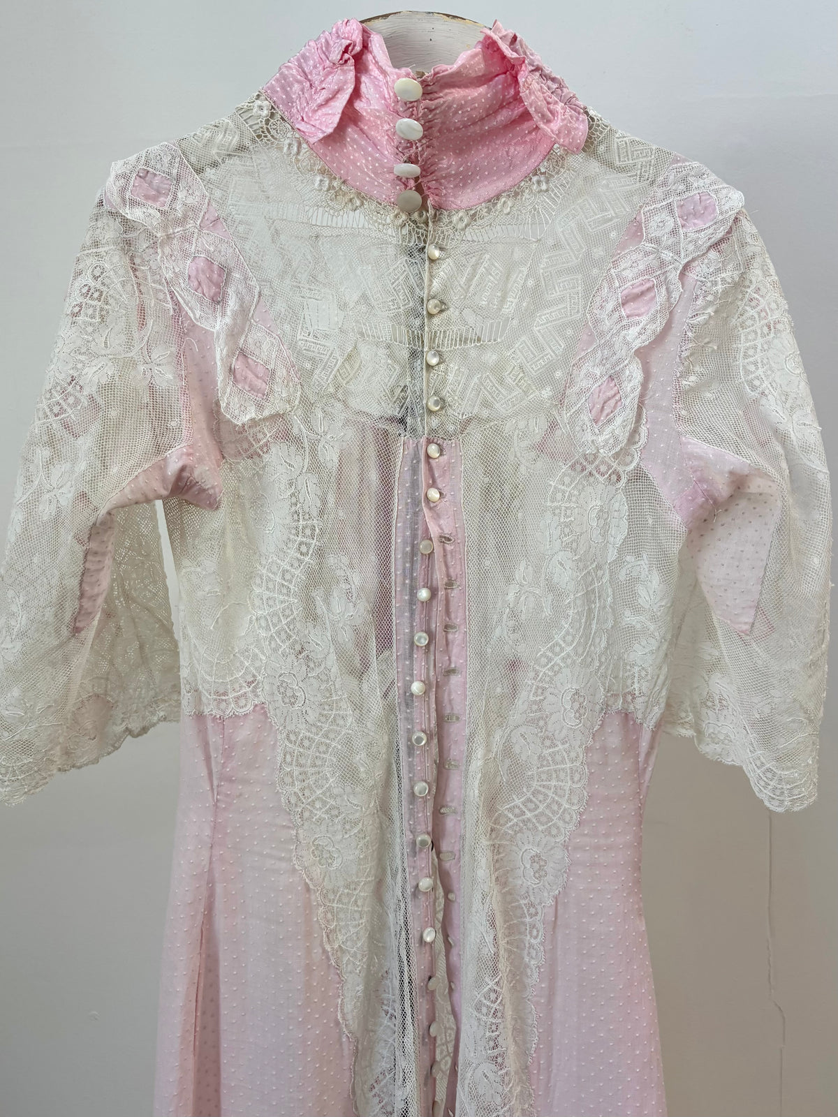 Antique Edwardian Pink Swiss Dot Insertion Lace Tea Gown