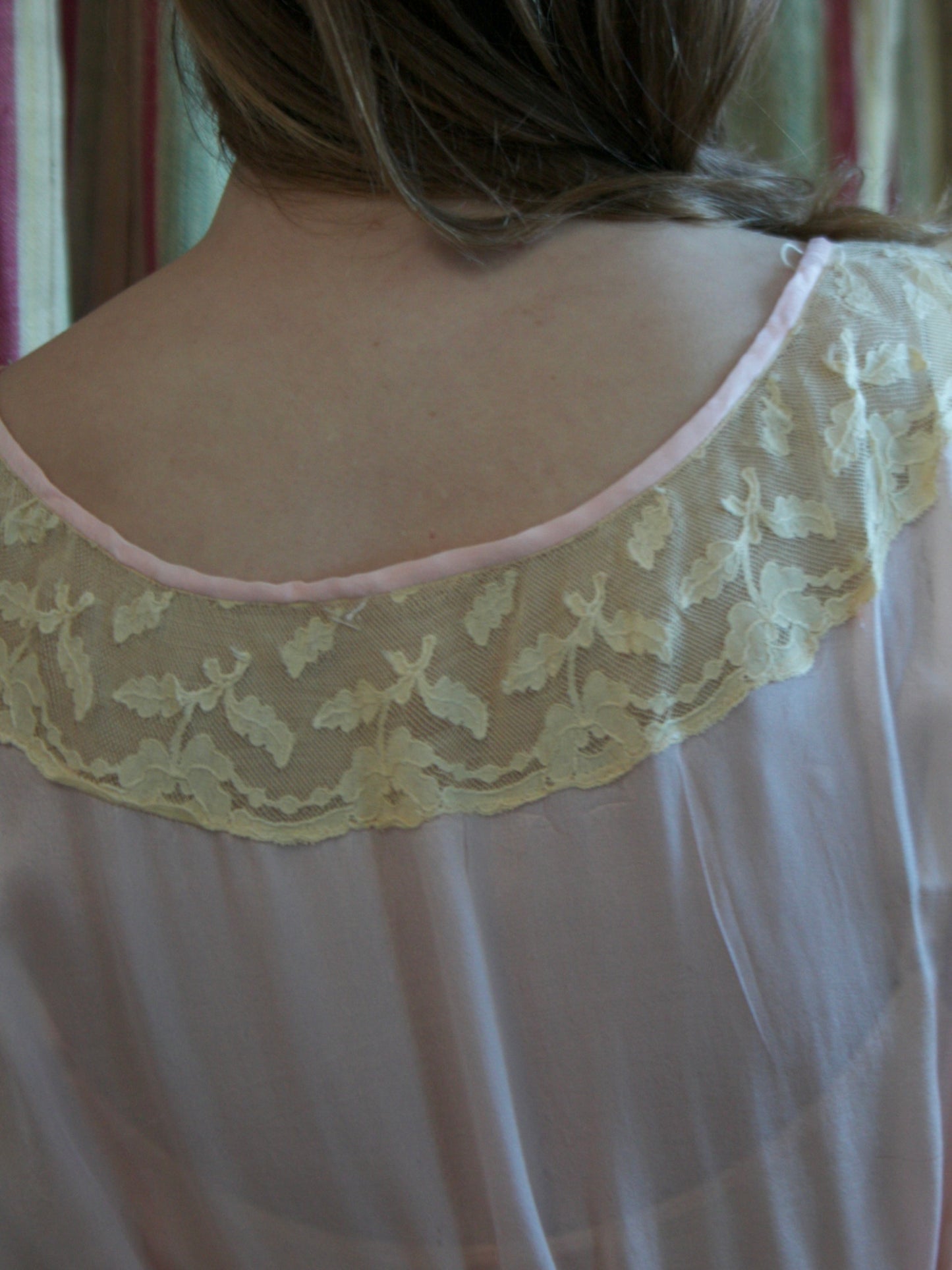 Antique 1920s Pale Pink Pin-tuck Silk Ecru Lace Slip Dress