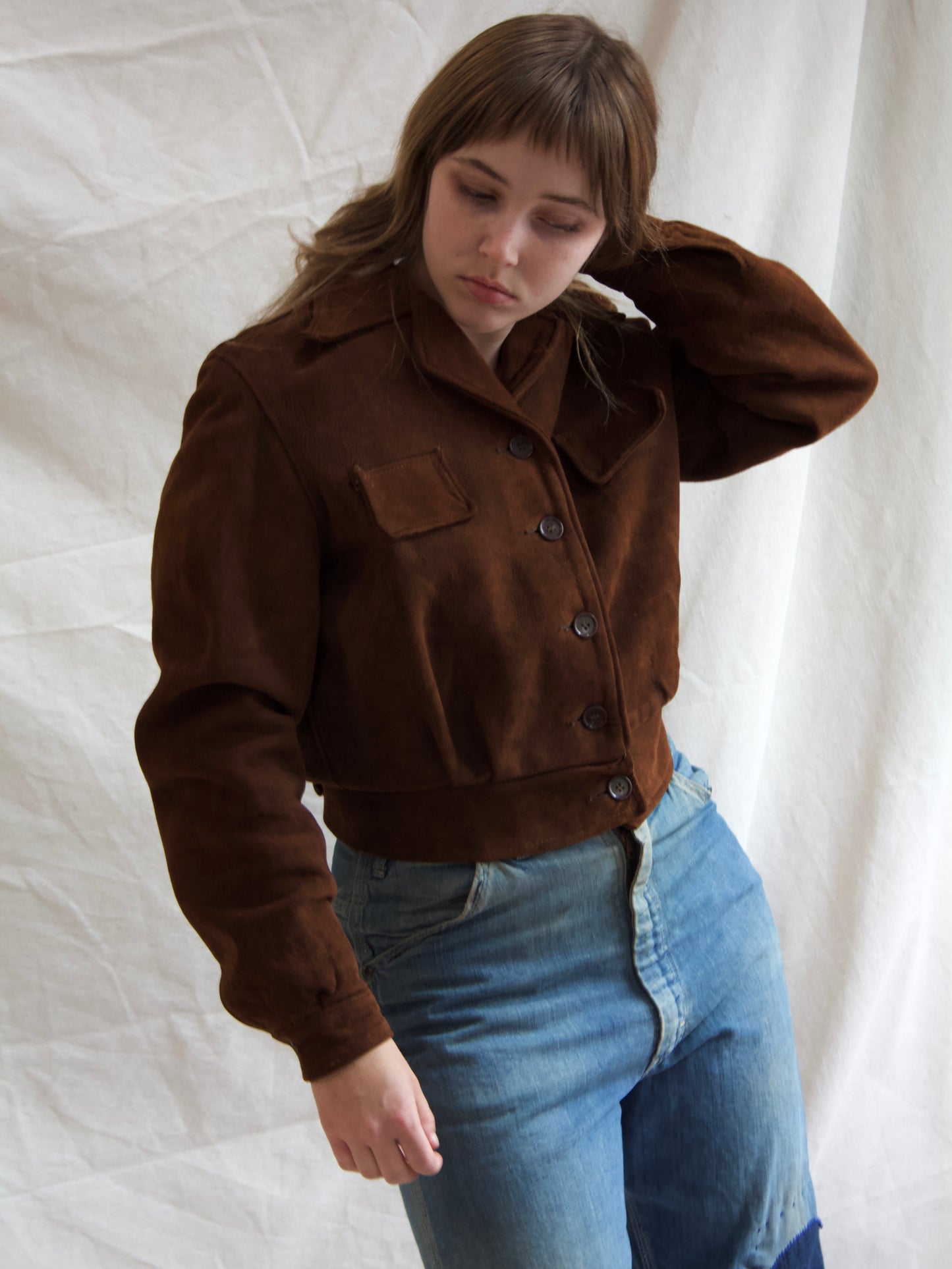 1940s Cropped Suede Flannel Lined Side Cinch Jacket