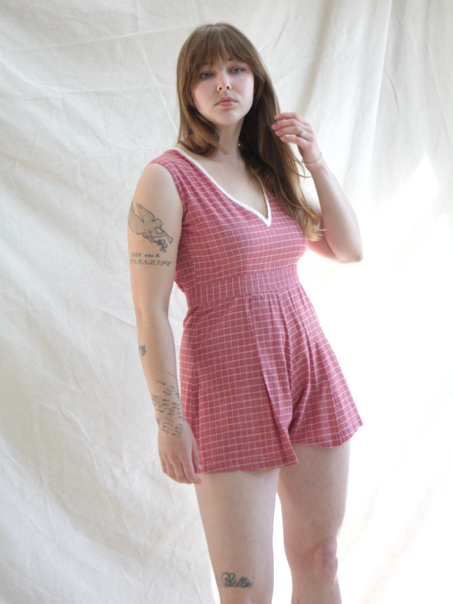 1930s/1940s Bell Back Zip Windowpane Pink Playsuit