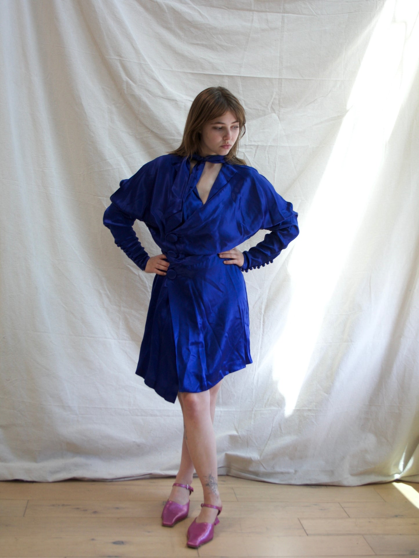 1930s Cobalt Crepe Back Satin Dolman Sleeve Tunic Length Evening Jacket