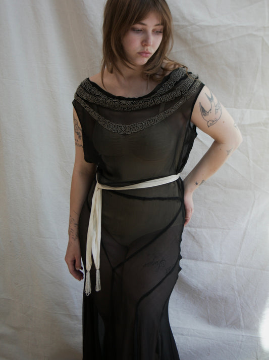 1930s Cowl Neck Vampy Chiffon Deco Seamed Beaded Gown