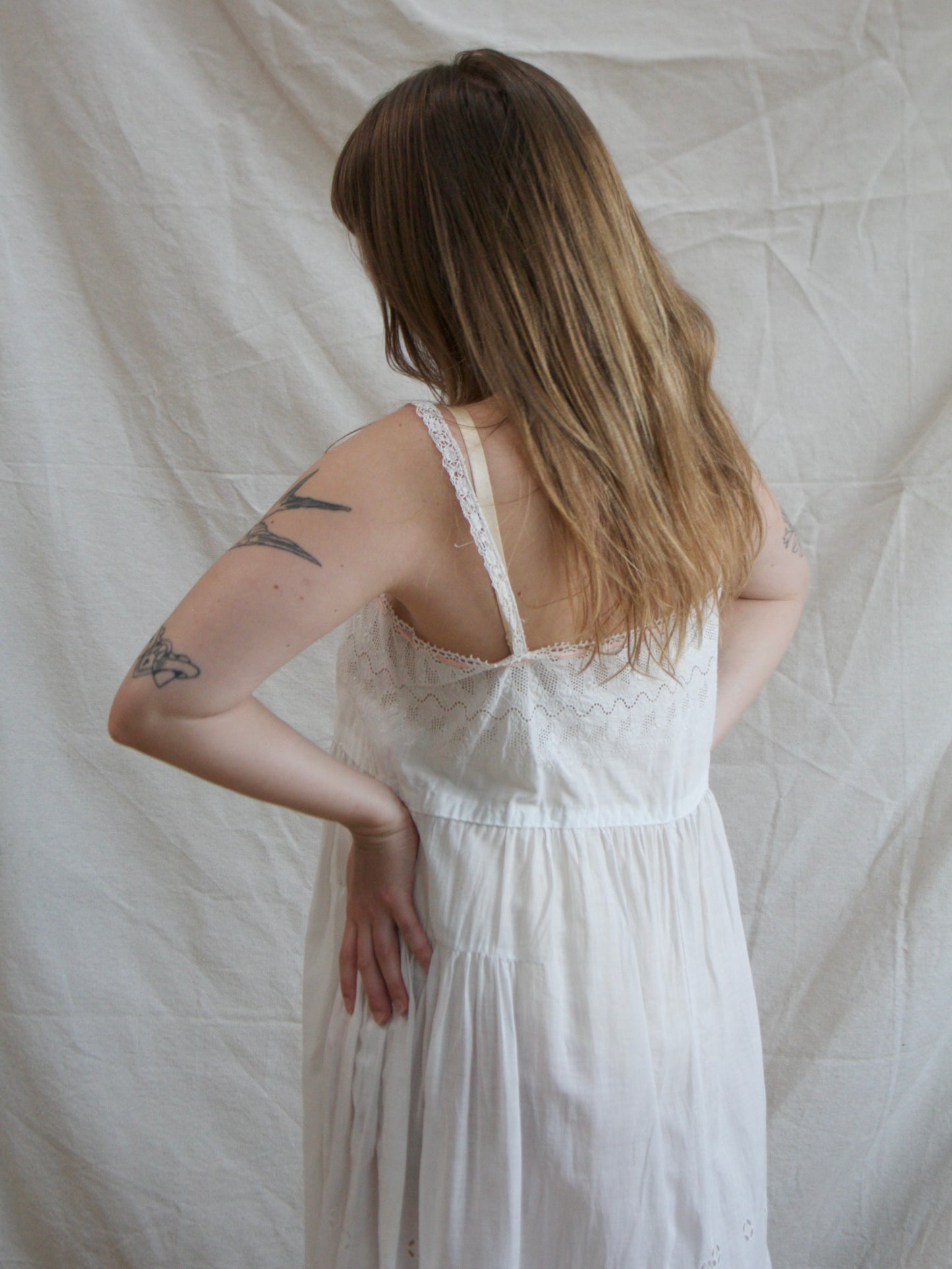 Antique Broderie Anglaise Silk Ribbon Tie Cotton Chemise
