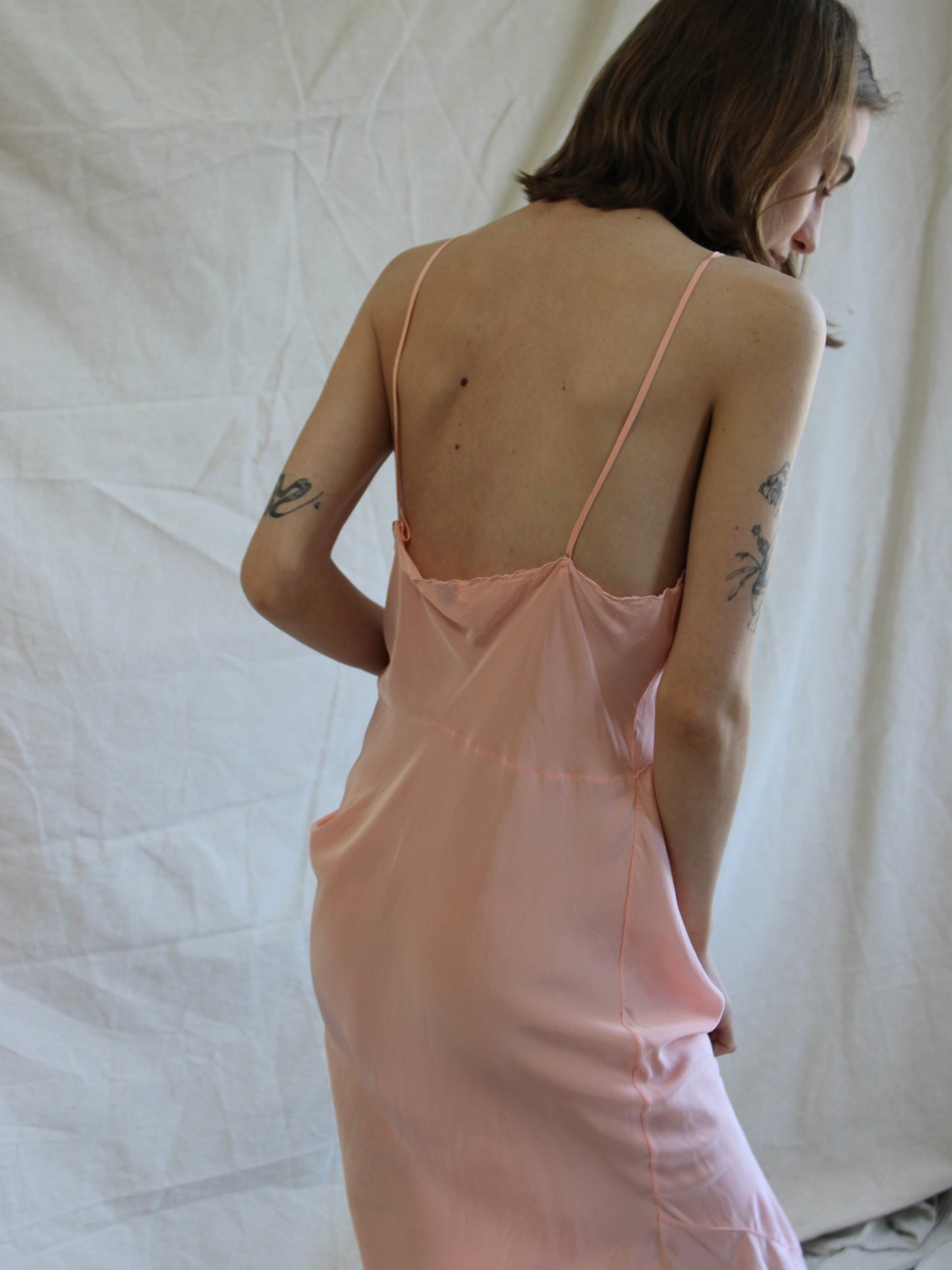 1940s Cold Rayon Insertion Lace Short Bias Cut Slip Dress