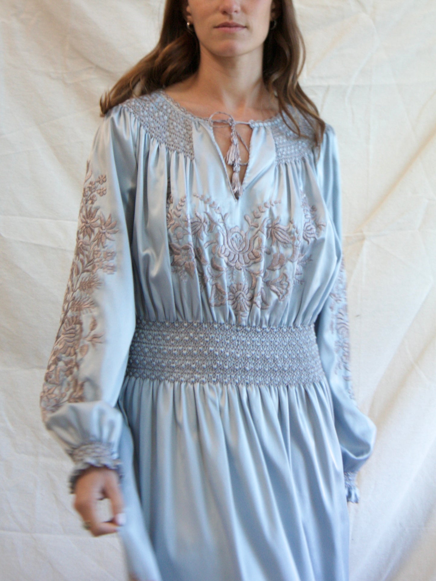 Vintage Icey Blue Silk Satin Hungarian Embroidered Peasant Dress