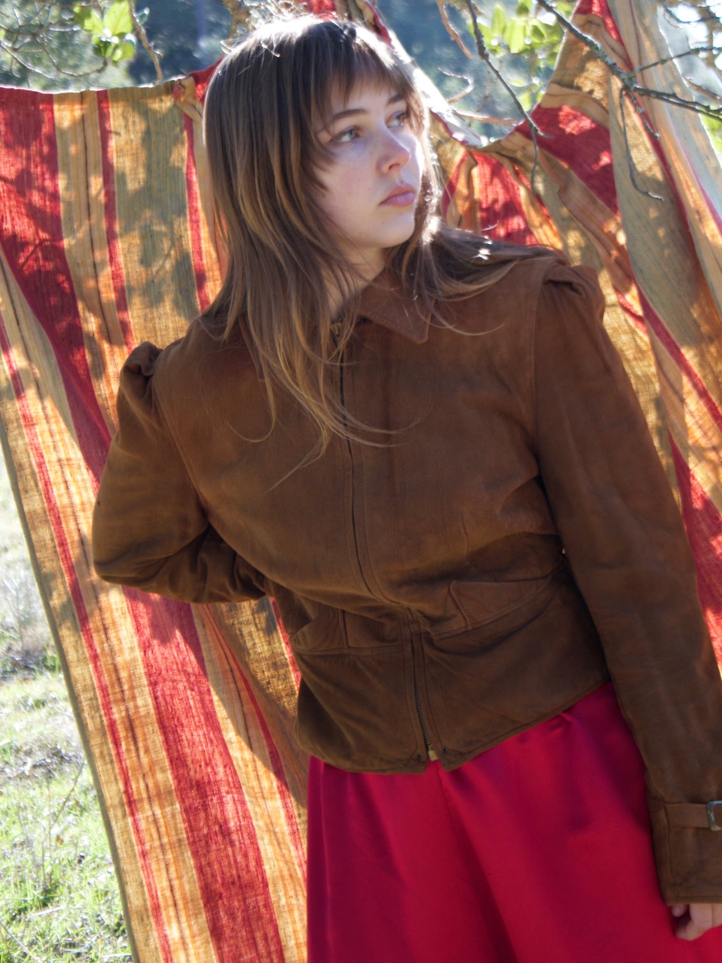 Rare 1940s Suede Puff Sleeve Back Cinch Jacket