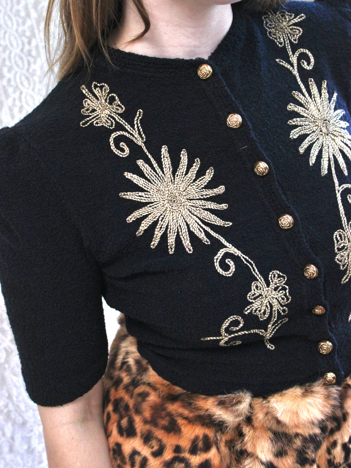 1940s Boucle Peaked Shoulder Lamé Coched Embroidered Knit