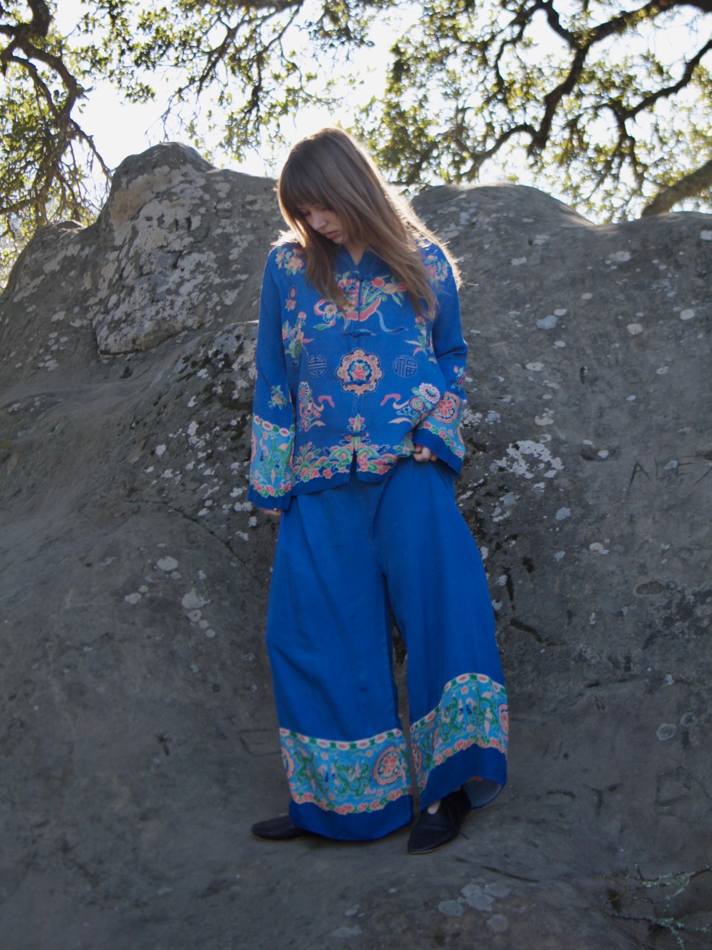 1940s Printed Two Piece Smooth Rayon Chinese Lounge Set