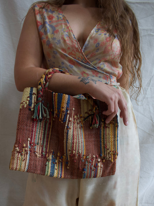 1930s Handmade Woven Autumnal Rag Rug Handbag