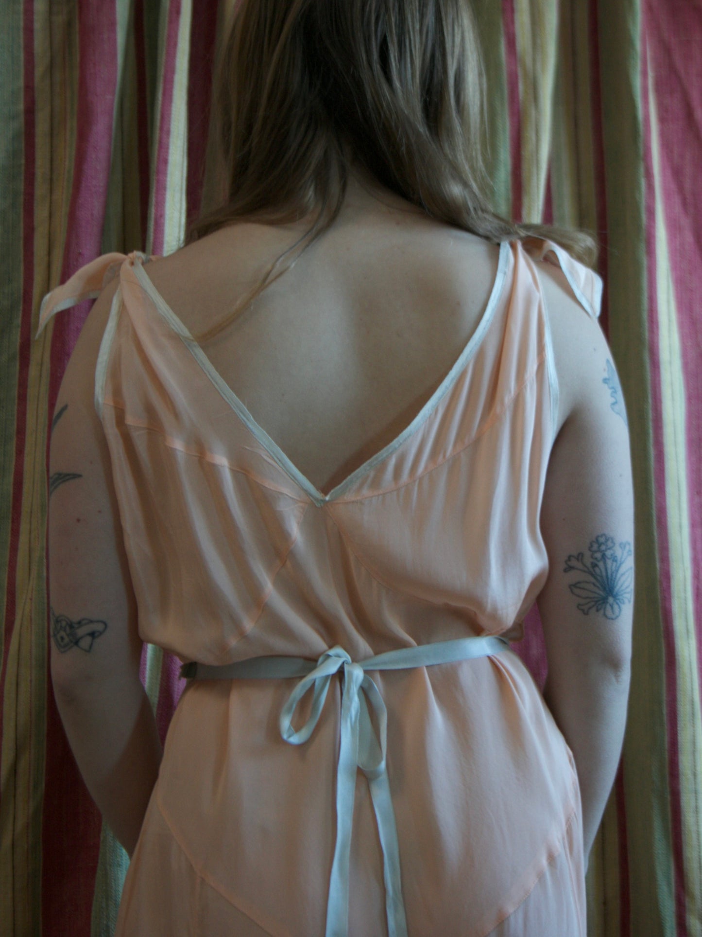 1930s Petal Pink Silk & Baby Blue Trim Tie Shoulder Palazzo Jumpsuit