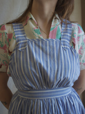 1940s Striped Chambray Blue Cotton Pinafore Button Back Dress