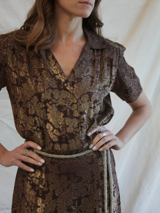 1940s Puff Sleeve Chocolate & Gold Lamé Dress