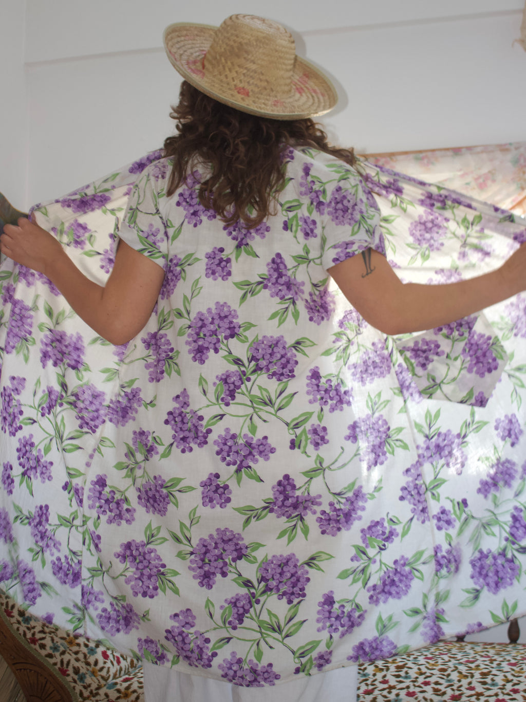 RESERVED 1930s Grape Printed Linen Open Front Duster