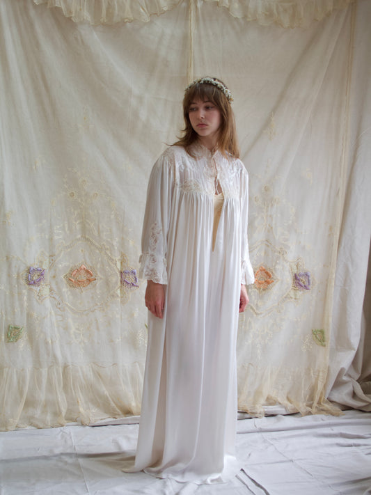 Rare 1930s Silk Lace Hand Sewn Balloon Sleeve Deep V Trousseau Gown