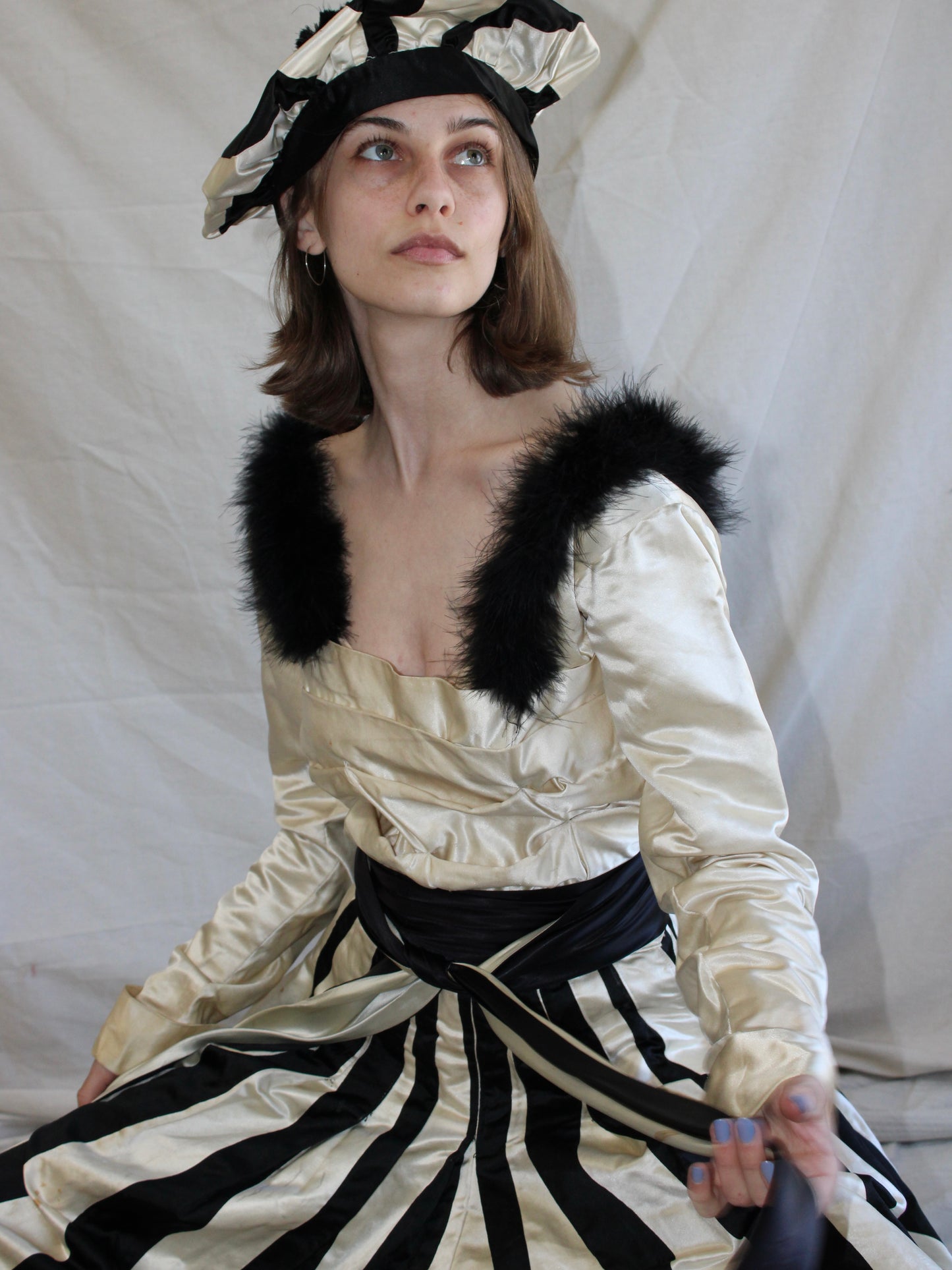 One Of A Kind Antique 1910s B&W Satin 4 Piece Mardi Gras Harem Pant Jumpsuit Ensemble