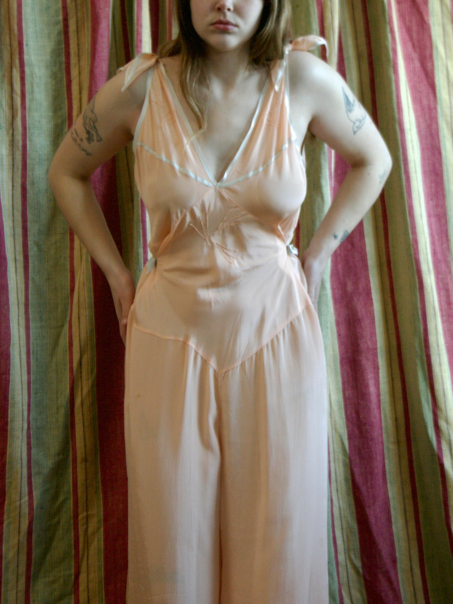 1930s Petal Pink Silk & Baby Blue Trim Tie Shoulder Palazzo Jumpsuit
