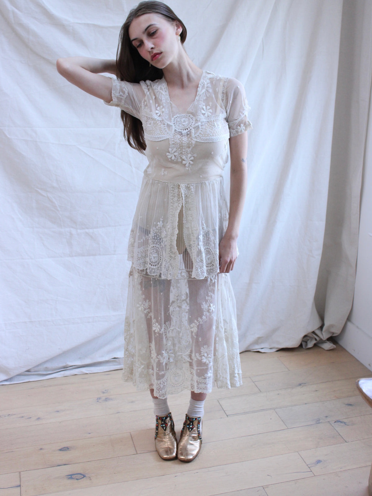Antique Embroidered Tambour Lace Net Overlay Tea Length Gown