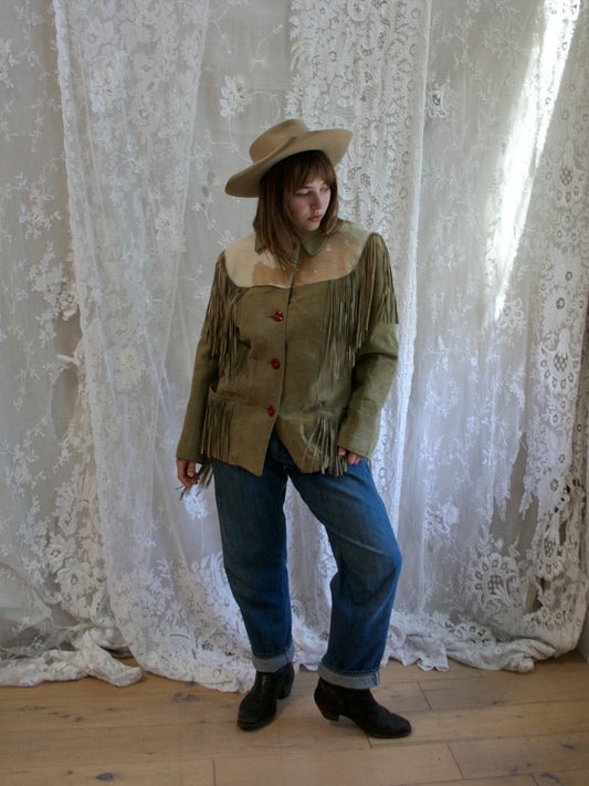 1950s Pony Hair Green Suede Fringe Western Jacket