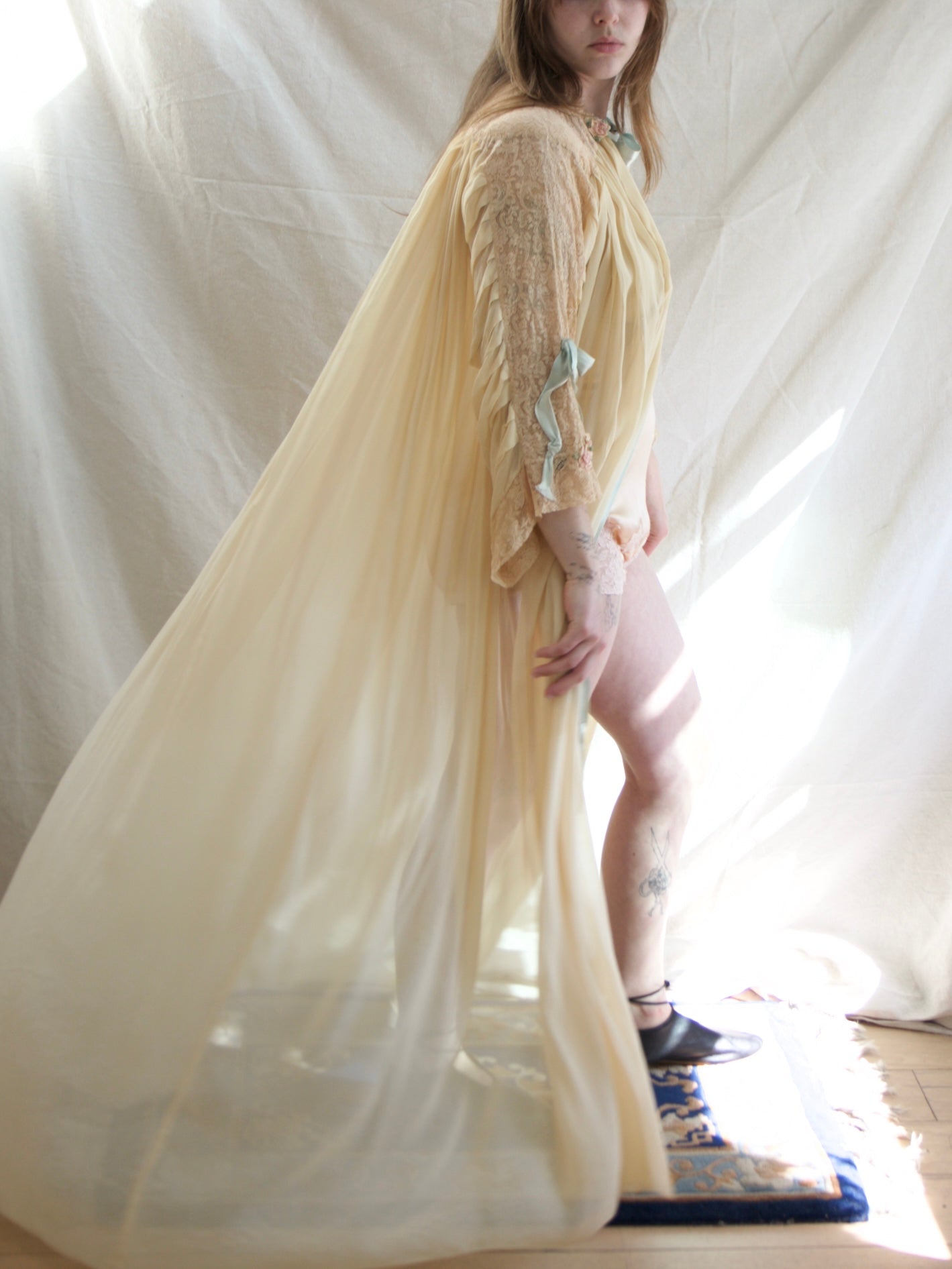 Rare 1947 Custom Hand Made Chiffon Lace Ribbonwork Peignoir