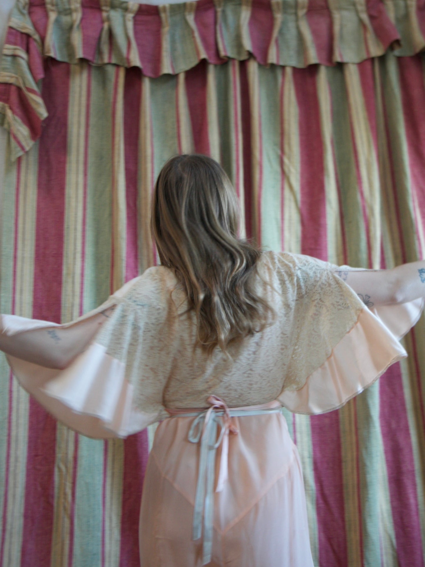 Antique Soft Pink Silk & Lace Ribbonwork Tie Waist Capelet Blouse