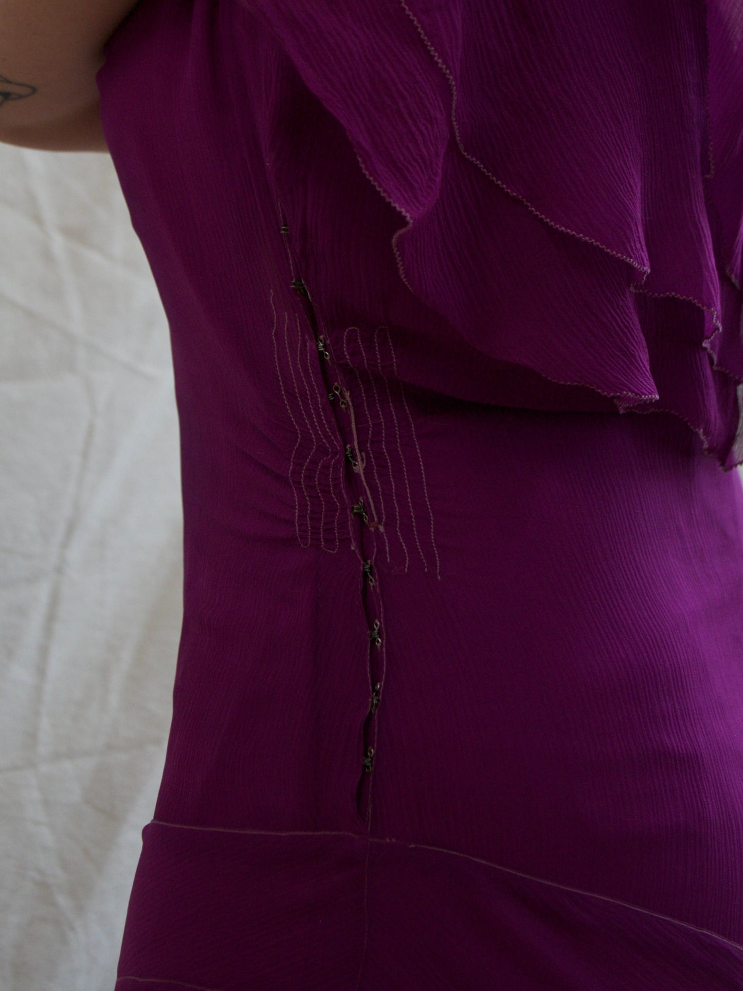 1930s Crinkle Chiffon Silk Fuchsia Plum Bias Cut Gown