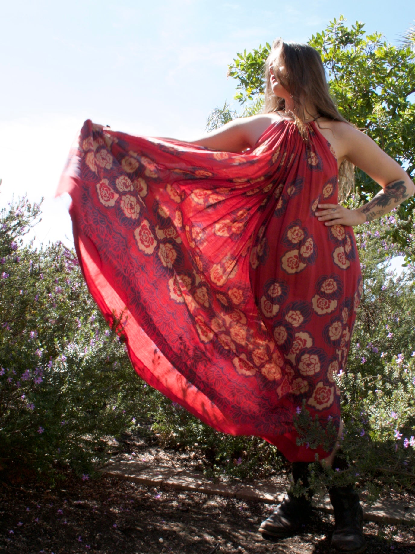 Antique Turkey Red Woven Silk Floral Print Drawstring Dress