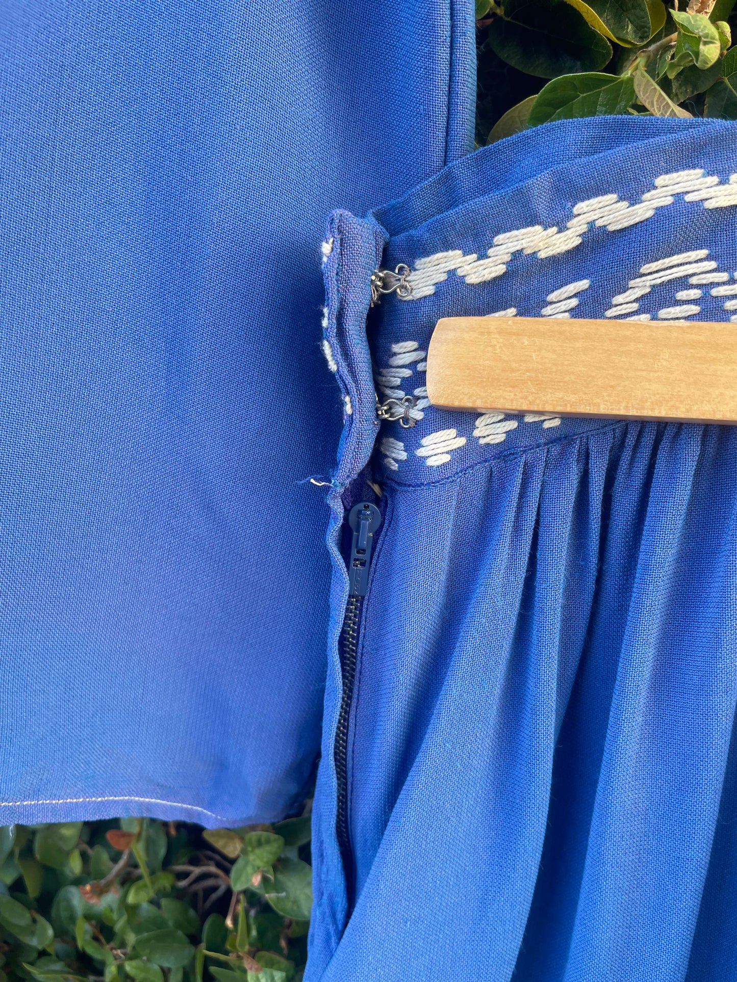 1940s Two Piece Embroidered Rayon Crepe Cobalt Skirt Blouse Set