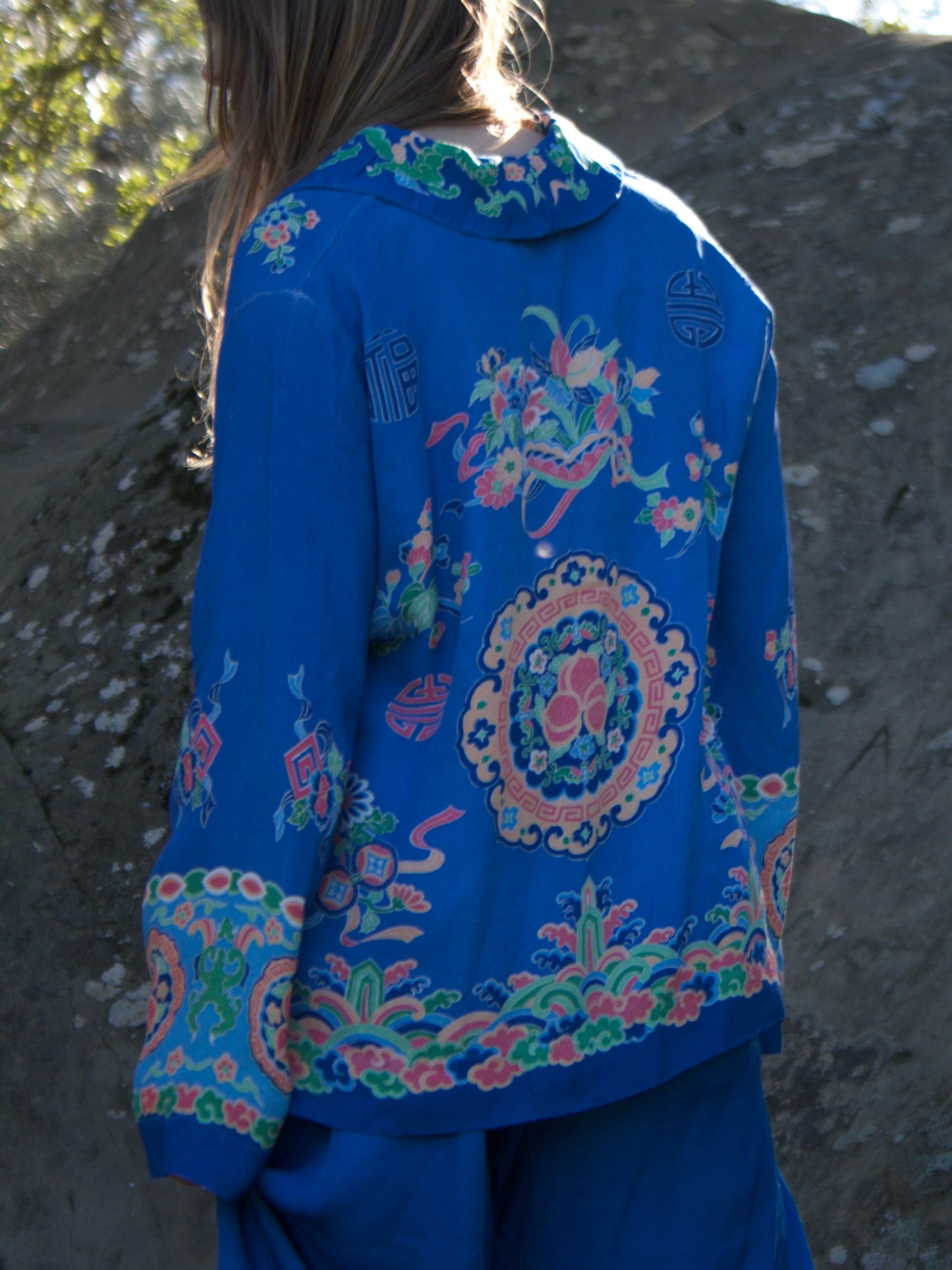 1940s Printed Two Piece Smooth Rayon Chinese Lounge Set