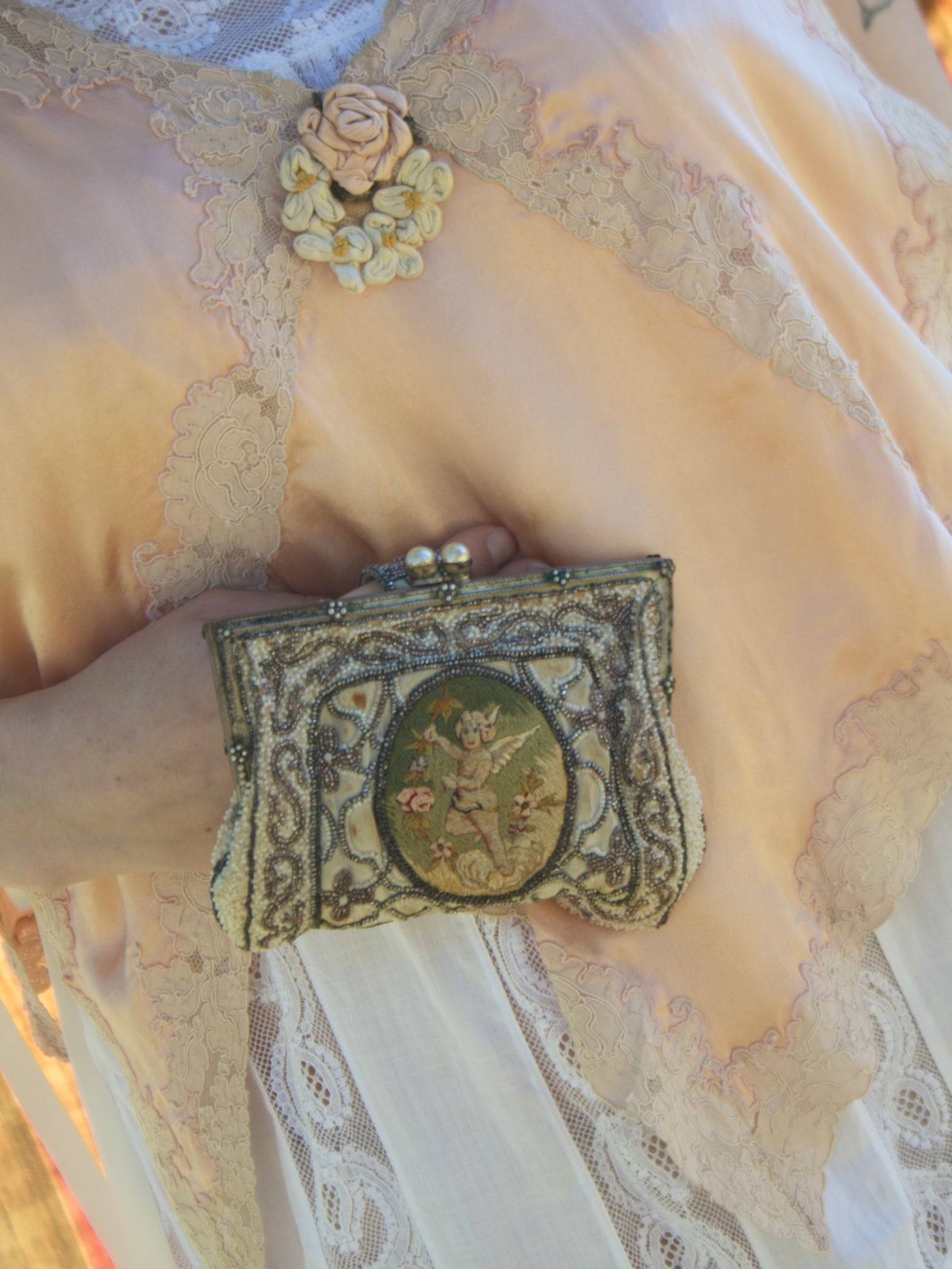 Antique Edwardian Novelty Micro Beaded Cherub Purse W* Strap