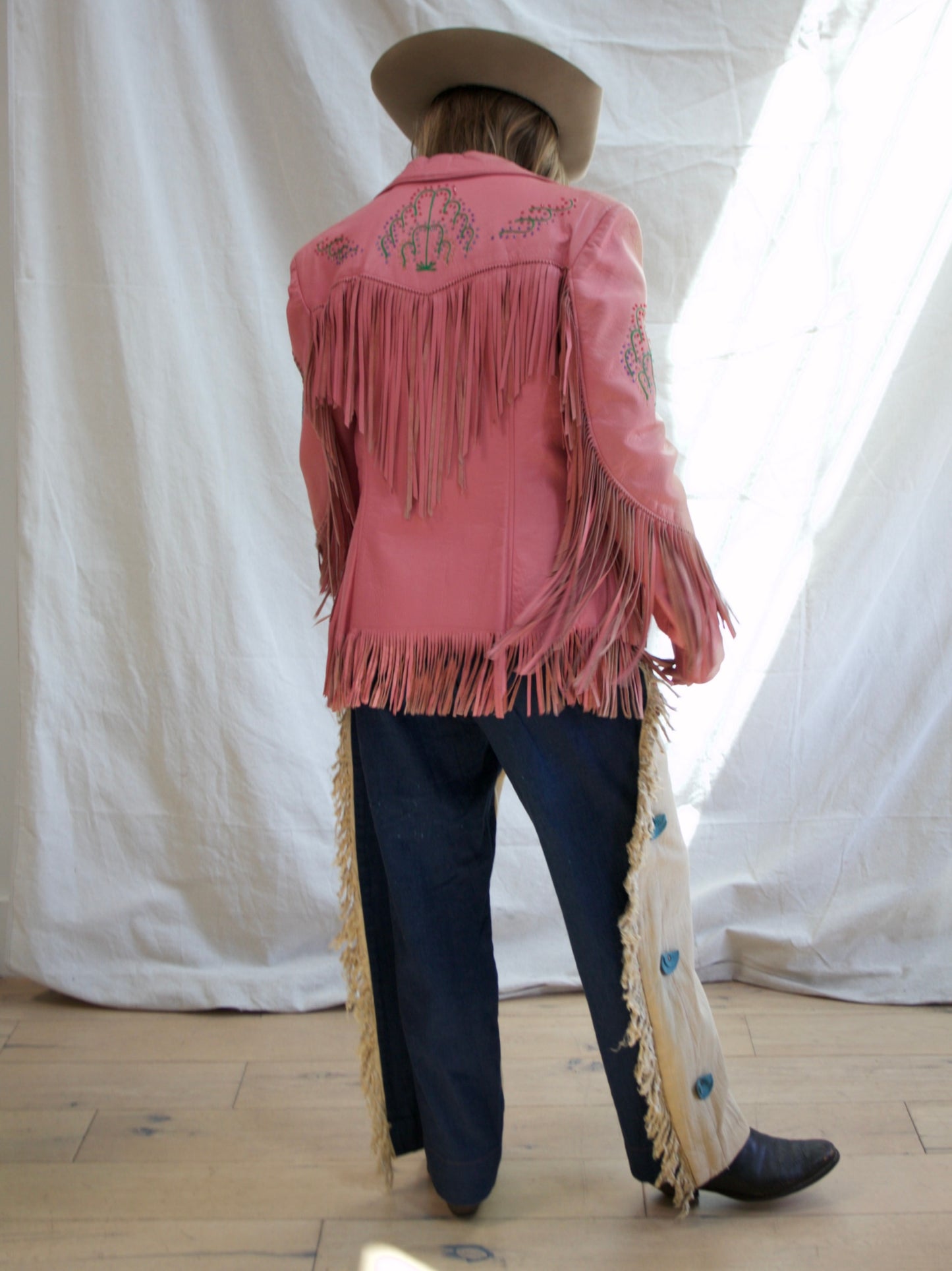 Special 1950s Sun Faded PINK Leather Fringe Western Beaded Jacket