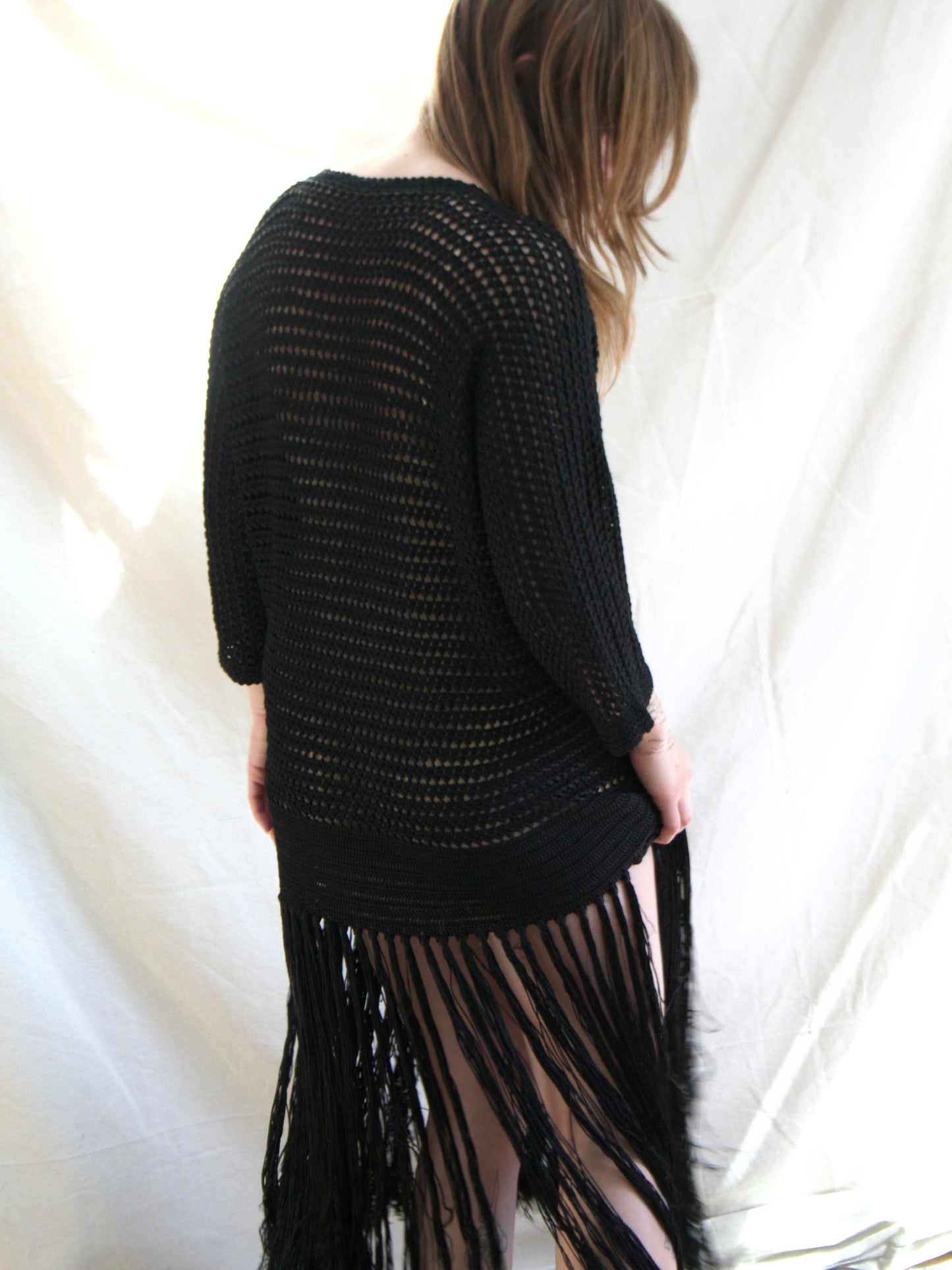 Antique 1920s Inky Black Rayon Knit Fringe Tunic Dress