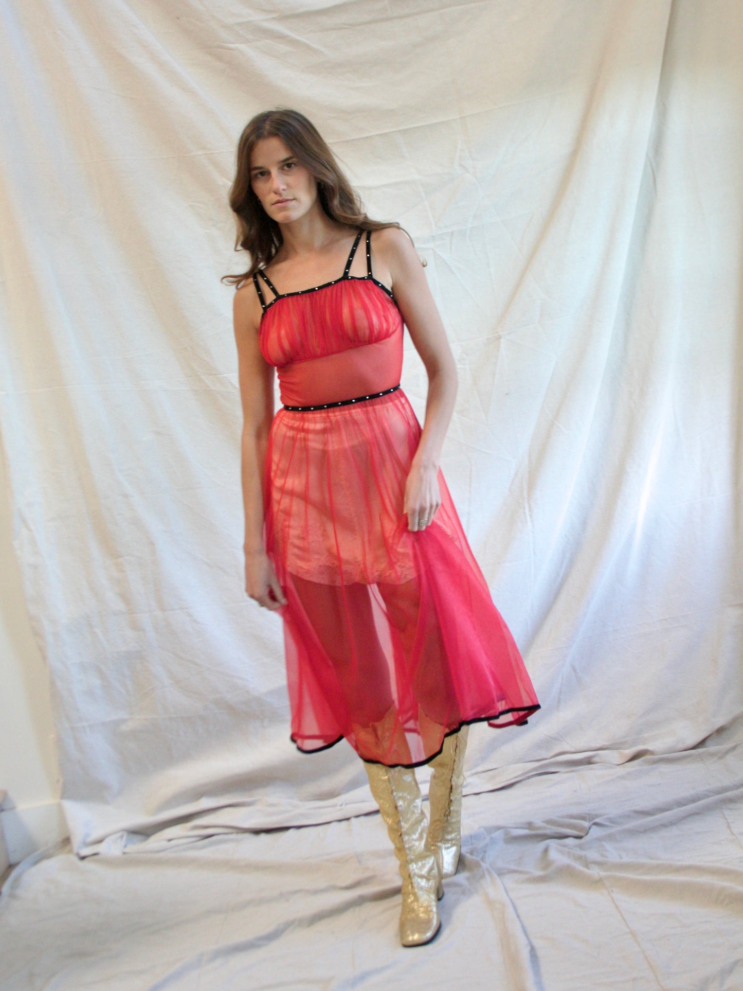 1950s Cherry Red Nylon Faux “Studded” Velveteen Trim Slip Dress