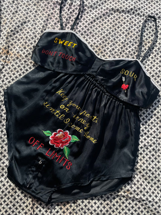 Rare WW2 Rayon Satin Souvenir Embroidered Tongue-In-Cheek Lingerie Set