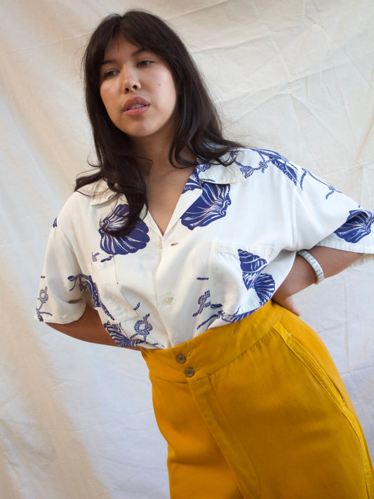 1940s Nautical Sea Shell Print Rayon Shirt