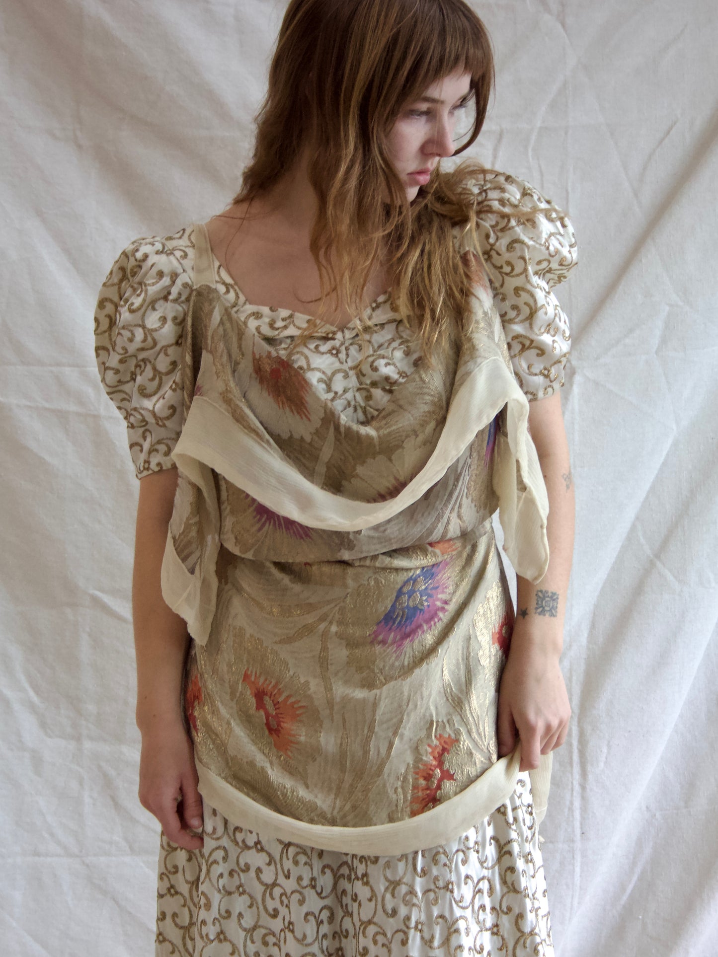 1930s Floral Lamé Chiffon Shawl W* Shoulder Straps