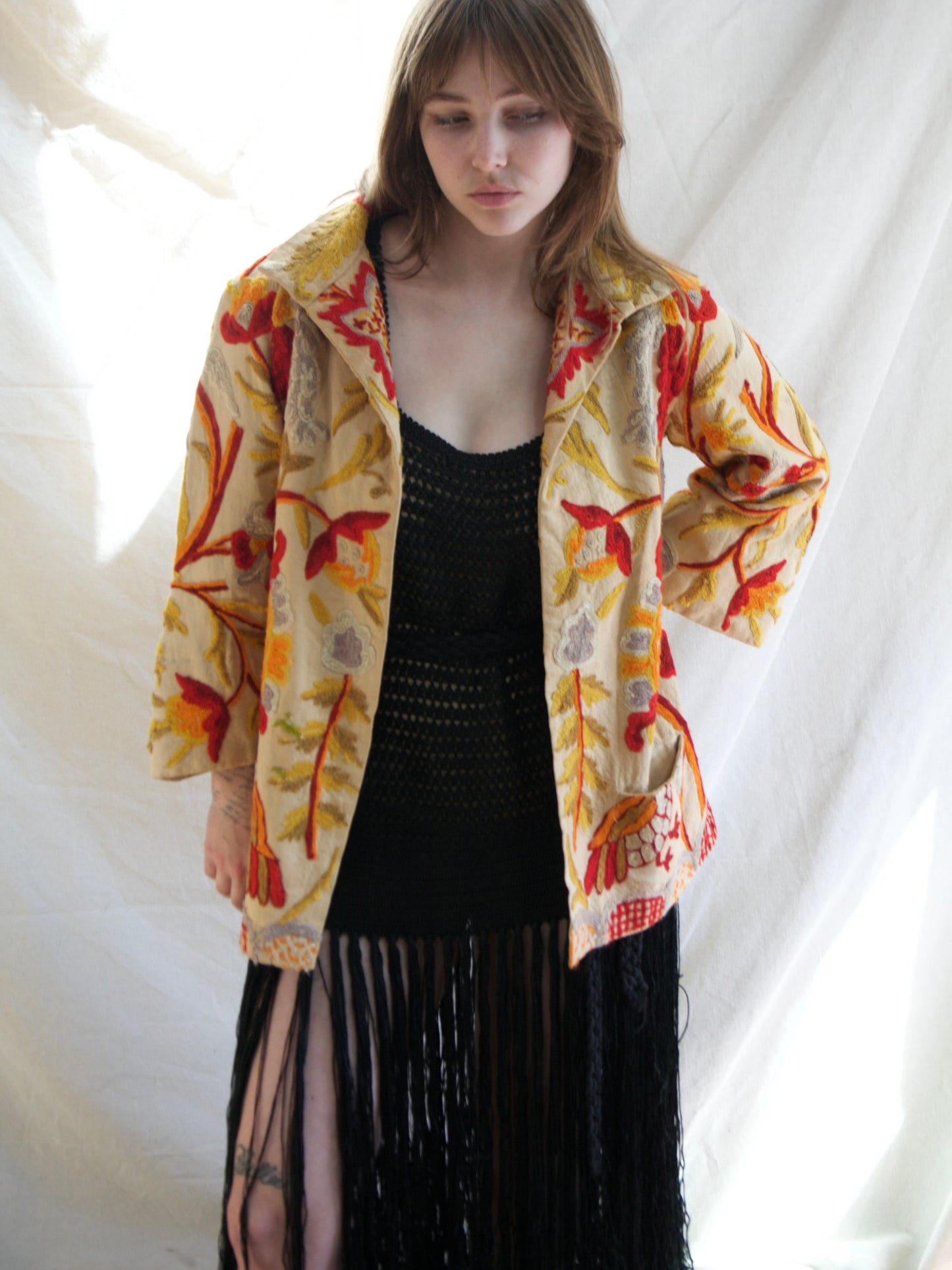 Antique 1920s/1930s Crewelwork Linen Jacket  Handmade in India