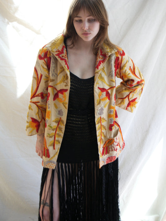 Antique 1920s/1930s Crewelwork Linen Jacket  Handmade in India