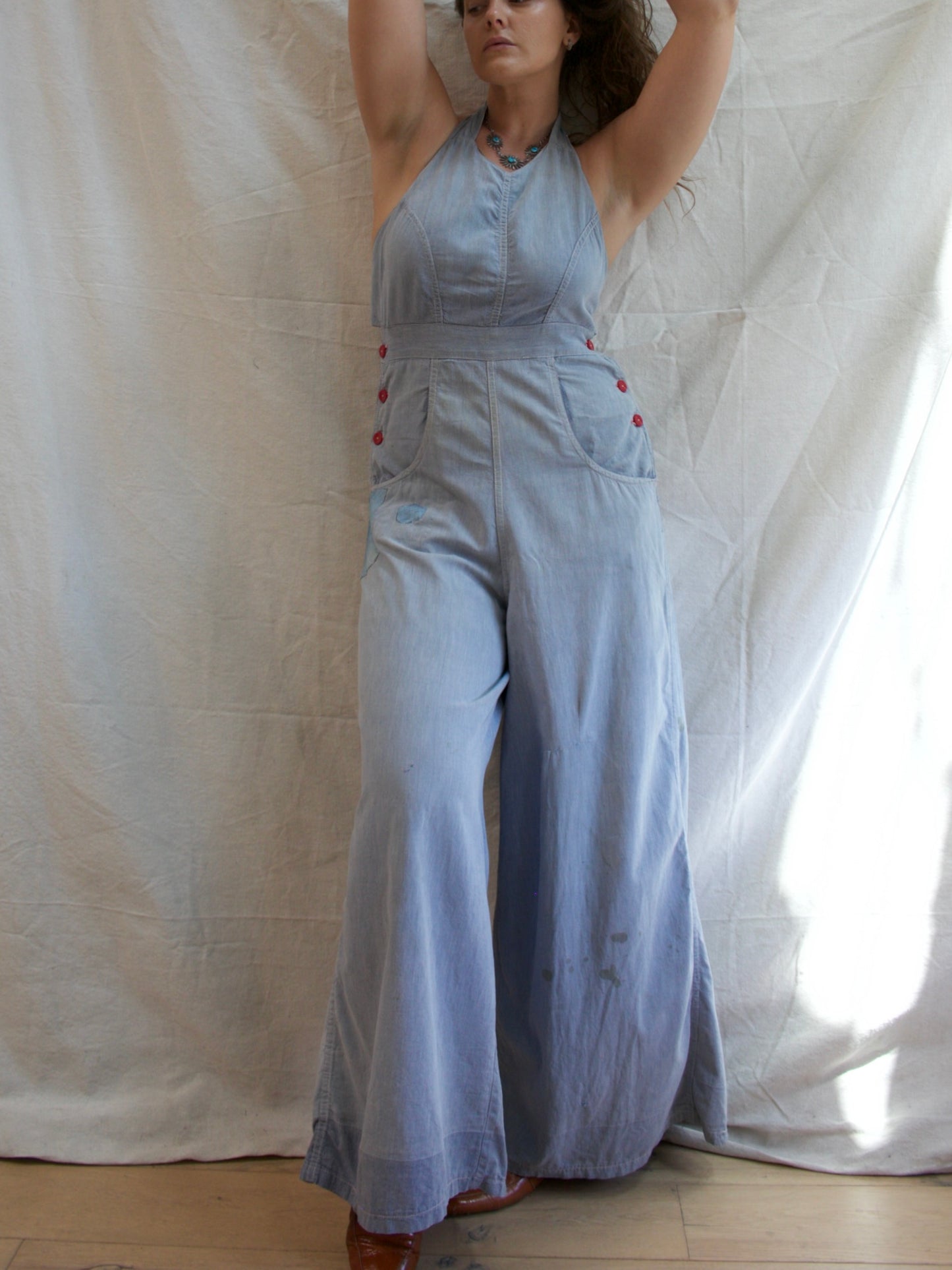Special 1930s 'Trailer-alls' Chambray Halter Sportswear Double Side Button Overalls