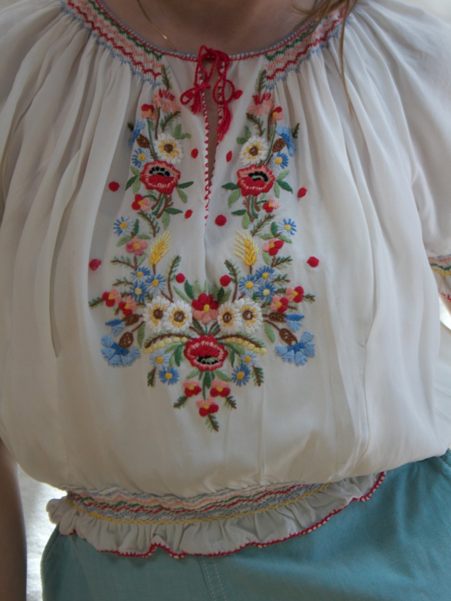 1930s Hand Embroidered Hungarian Silk Crepe Smocked Blouse
