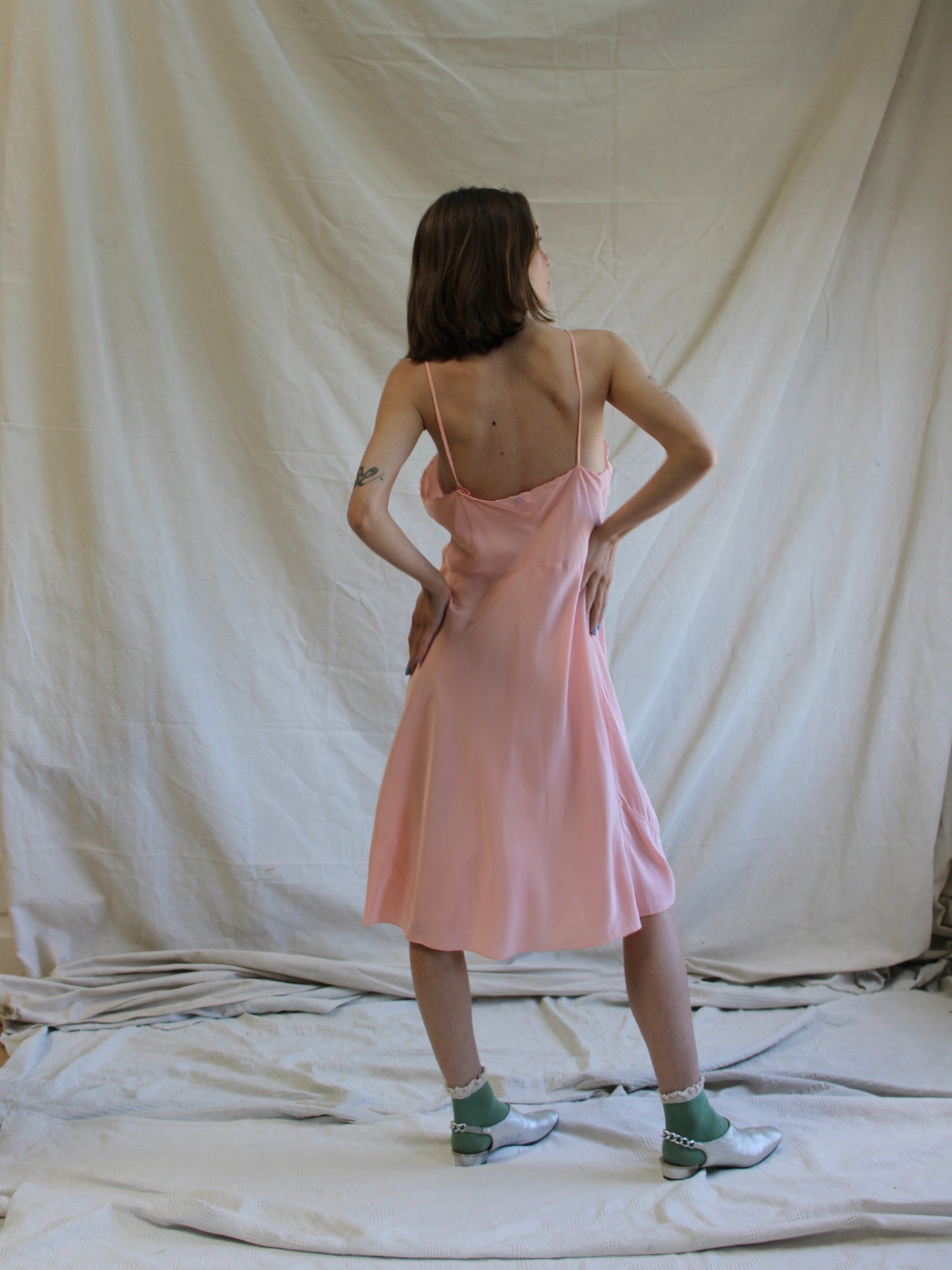 1940s Cold Rayon Insertion Lace Short Bias Cut Slip Dress