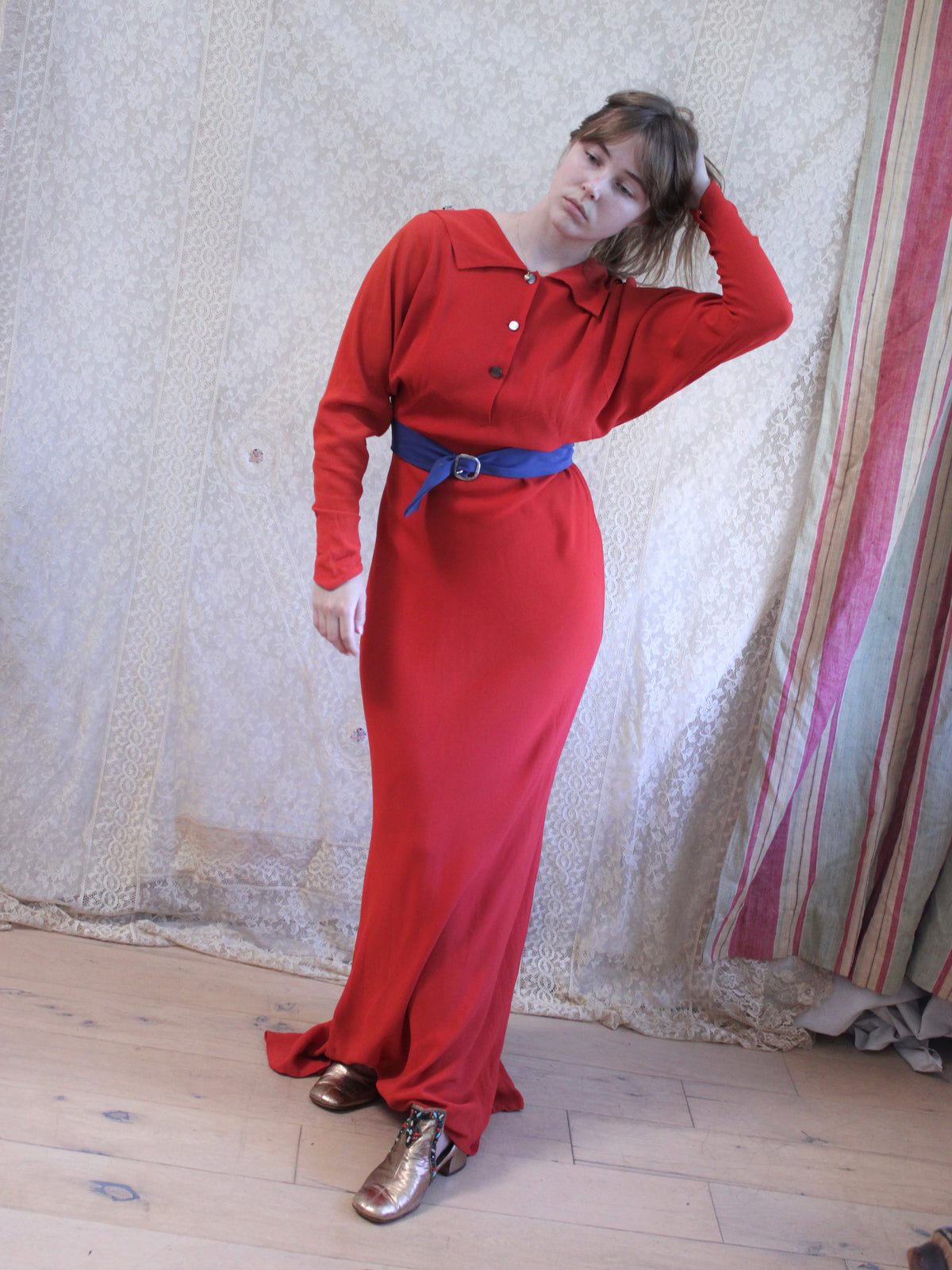 1930s Tomato Red Keyhole Back Rayon Crepe Bias Gown