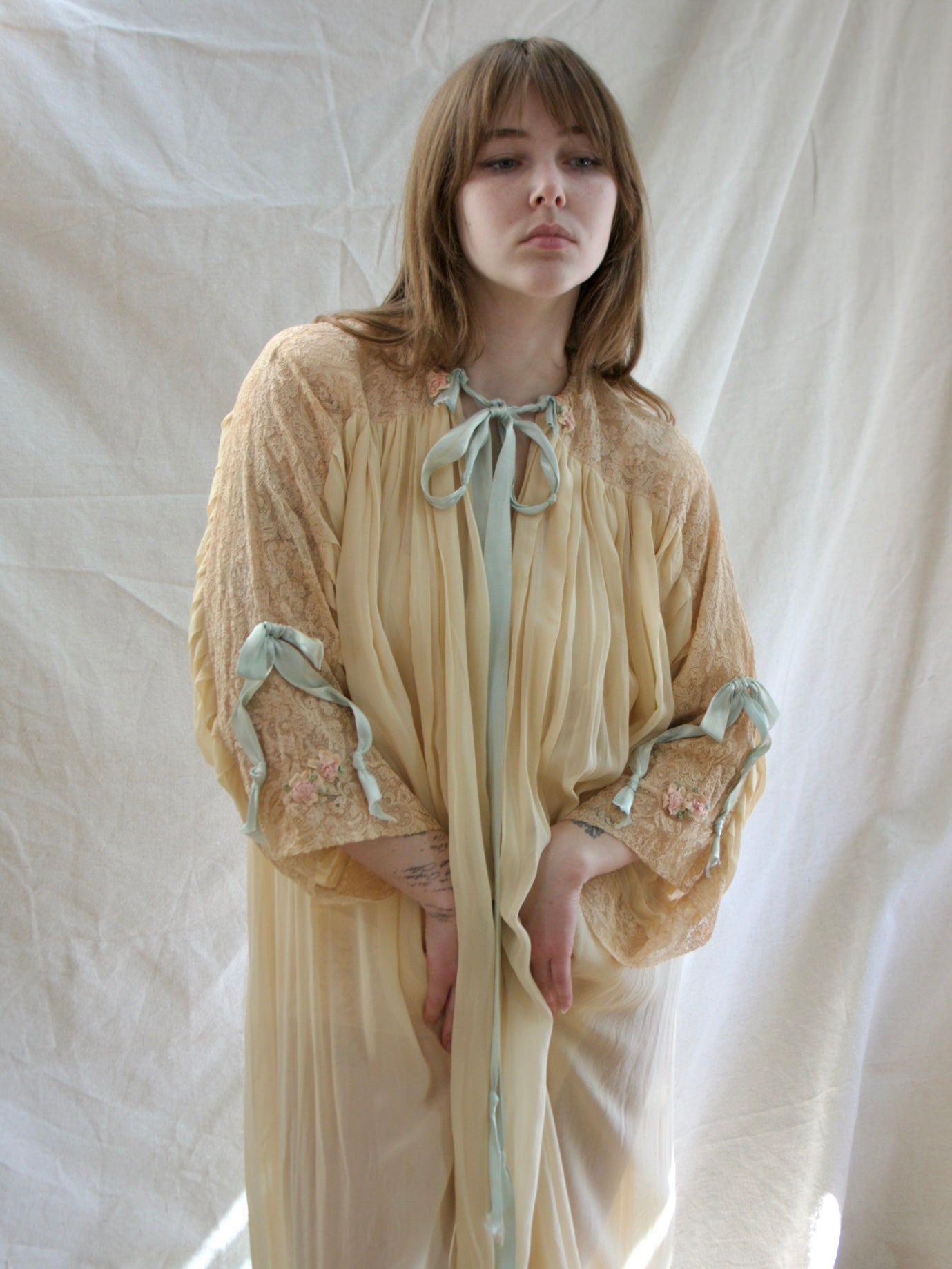 Rare 1947 Custom Hand Made Chiffon Lace Ribbonwork Peignoir
