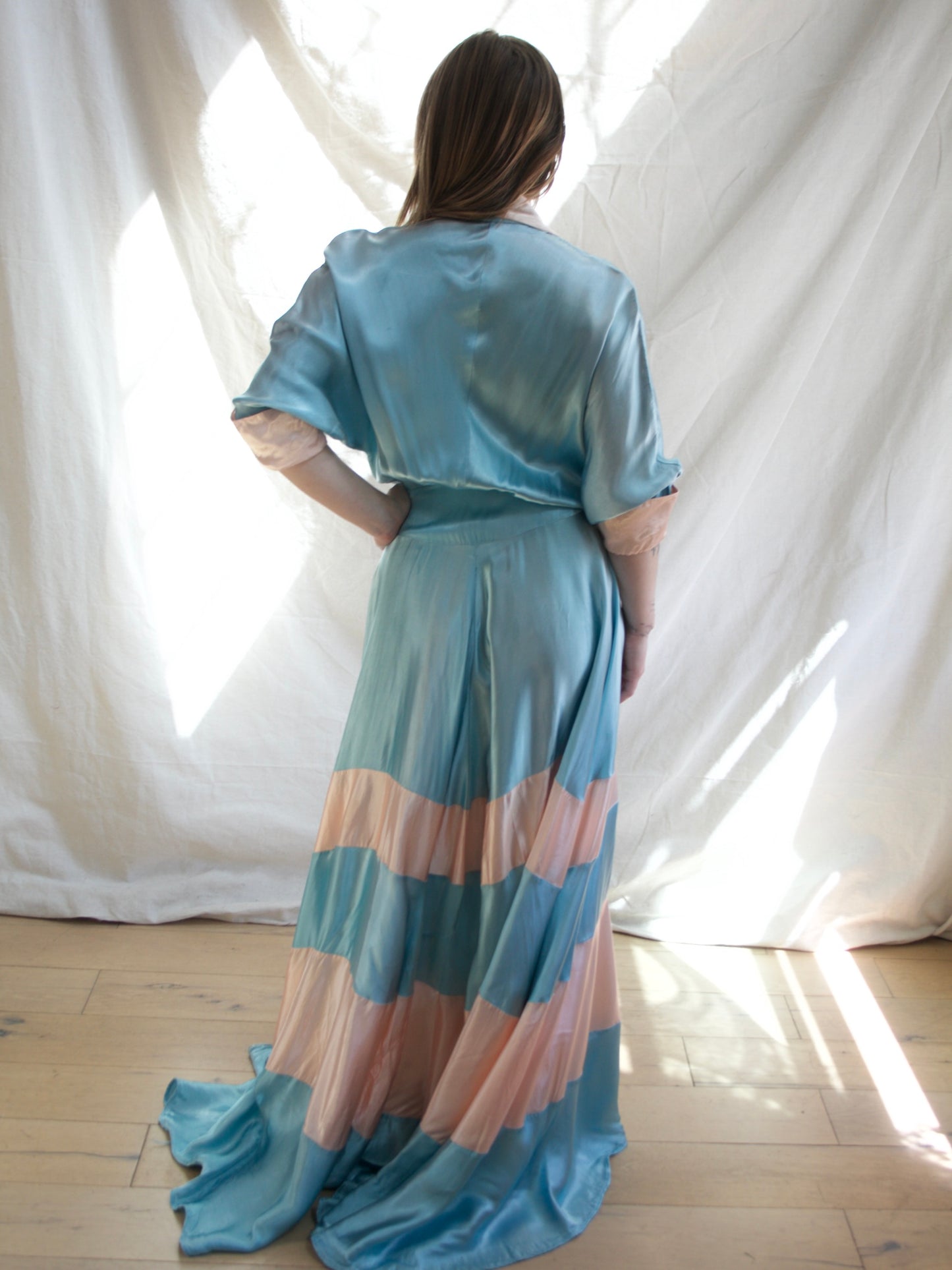 1940s Trained Candy Colored Liquid Rayon Satin Gown