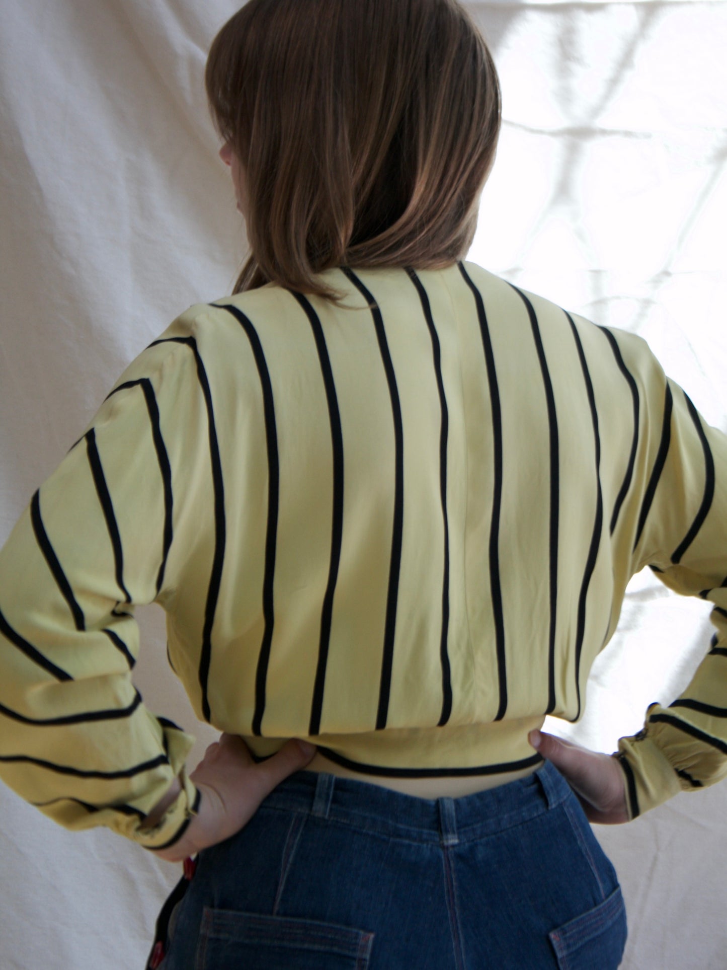 1940s Sriped Jersey Dolman Sleeve Tie Waist Blouse